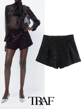 TRAF 2023 Sarong Culottes Naiste Värviga Beaded Velvet Vabaaja Püksid Naine Fashion Streetwear Lühikesed Püksid Naine